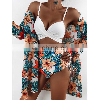 2022 New Sexy Three Pieces Bikini Set Cover Up Swimwear Women Swimsuit Print Long Sleeve Bathing Suit Beachwear Women Bikinis
