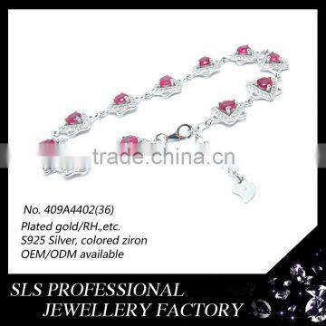 Fahion sterling silver jewelry rhodium plated charms for girls ruby crystal silver bracelet for best gift