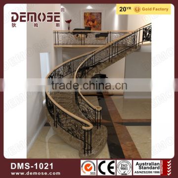 wrought iron solid wooden railing curved stairs