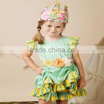Wholesale children's clothes round neck sleeveless clothing sets ruffle cotton girls boutique outfits