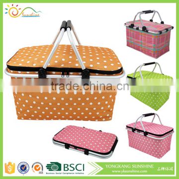 Collapsible aluminum polyester market tote foldable picnic basket/storage basket with handle