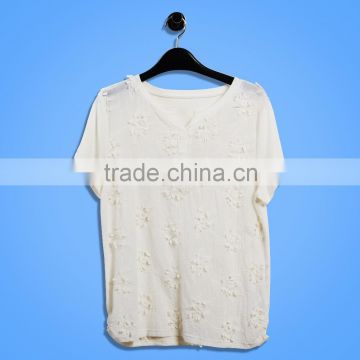 OEM softextile white top shirt girl woman short sleeves emibroidery flower fashion plain shirt