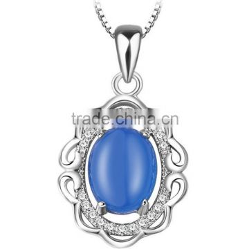 925 sterling silver unique design natural blue Chalcedony micro inlay artificial diamond pendant set designs