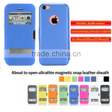 Fashion open ultrathin magnetic snap leather sheath for iphone5 5c 5s