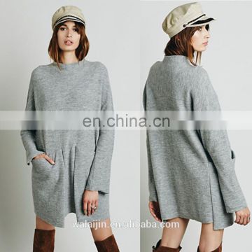 Ladies long sleeve grey wool dress, high quality woolen dress fashion