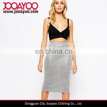 Knit Fabric High Waist Design Boohoo silver Metallic Elastane Mid Pencil Skirt For Women