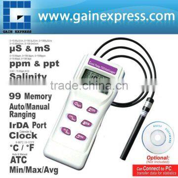 Portable Conductivity Temperature TDS Salinity Meter w/ ATC Memory Clock Calendar IrDA port, optional CD & Cable