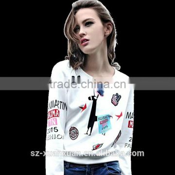 2016 fashion short pullover hoody with white cartoon printing for women