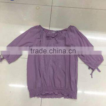 Women 100%cotton middle sleeve purple t-shirt garment stock lot