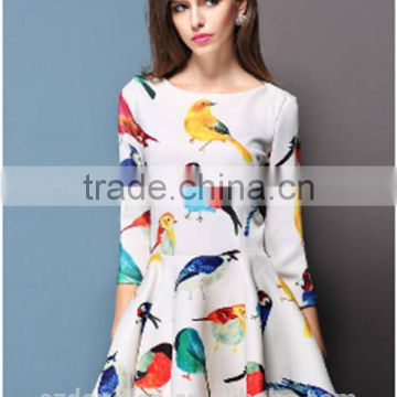 Casual 2015 Summer Style Sexy Bodycon Birds Print O Neck Pleated Party White Dress Women Vestidos Cheap Clothes China