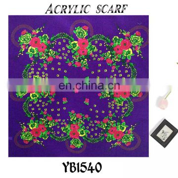 2016 latest design Fashion Arab Lady Scarf, Hard feeling Acrylic Scarf, Printed Hijab, purple color square Scarf factory sale