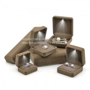 Brown velvet ring box with LED light, velvet bracelet box, LED pendant box with light