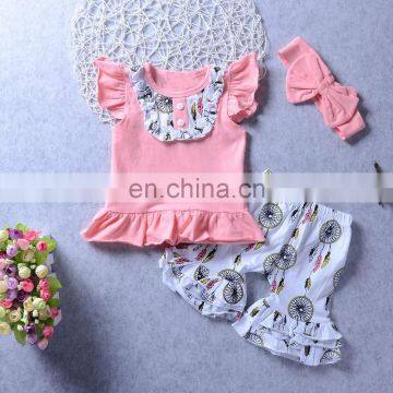 New Fashion Baby Girl Clothing Sets 100% Cotton Ruffle Aeolian Bells Printed Pink Kids Girl Boutique Outfits