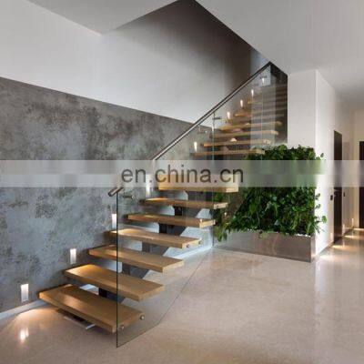 Prefabricated stairs Interior wood tread staircase with glass railing