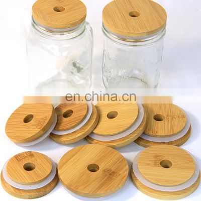 Eco-friendly Natural Bamboo Mason Jar Lids for Can with Straw Hole