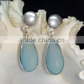 925 Sterling Silver Aqua Chalcedony Earrings, Fashionable Bezel Earrings, Designer Finishing Aqua Chalcedony Earring