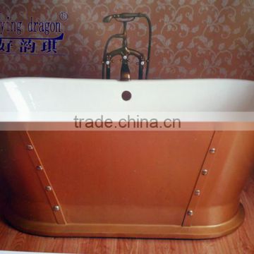 cast iron bateau tub with riveted stainless steel skirt