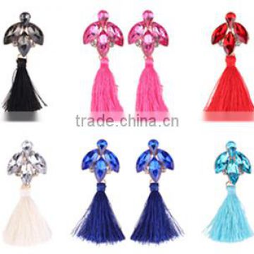 Fashion rhinestone gems with long colorful tassel alloy earrings for women