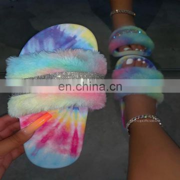 New Fur slippers with diamond Women's faux fur Flat shoes Outdoor Home Platform women's sandals