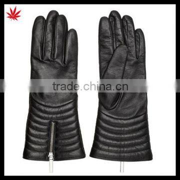 women's biker black wool lined leather gloves with zipper