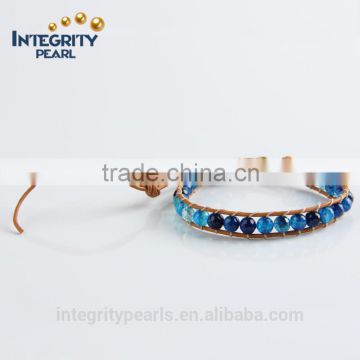 6mm natural blue striped agate beaded leather bracelet, bulk leather bracelet, leather wrap bracelet
