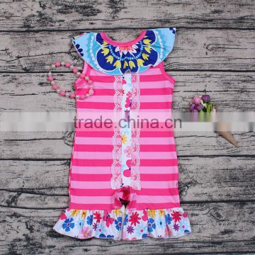 Newest Design Fashion Girls Soft Cotton Pink Romper Boutique Outfit with Stripe Flower Infant Lovely Bodysuit Jumpsuit Climbing