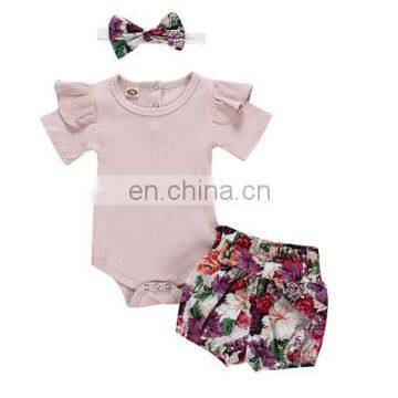 Infant Baby Girls Clothes Sets Short Sleeveless Solid Romper Tops Print Shorts Headband