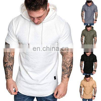 Custom LOGO  brand short-sleeved t-shirt men's new summer hooded slub cotton solid color T-shirt men