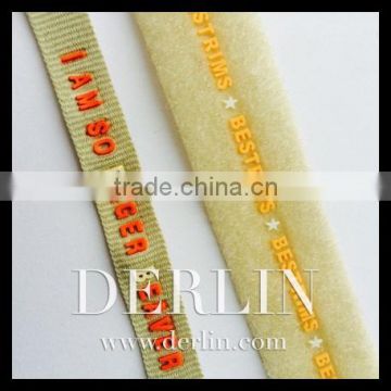 Custom Personalised Logo Brand Rubber word PVC Plastic on Woven Tape Ribbon