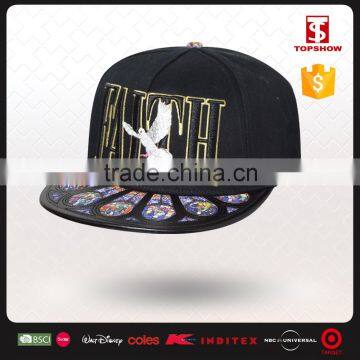 Fashion embroidery cotton print snapback 5 panel cap with Faith