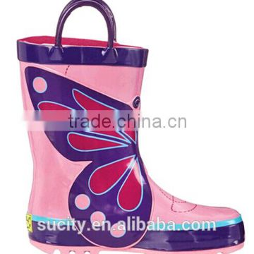 2016 New Design rose pink loop butterfly waterproof Rain Boots For Children