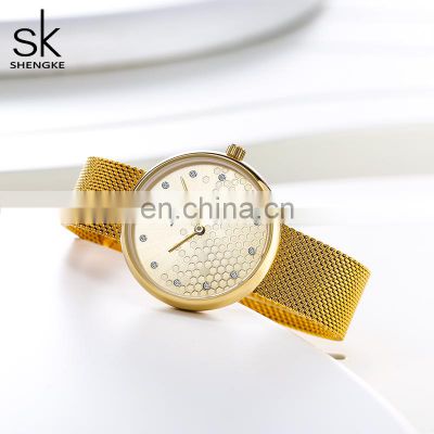 SHENGKE Unique Lady Watch Honeycomb Dial Womens Latest Ladies watch Luxury Stainless Steel Mesh Band Watches K0125L Montre Femme