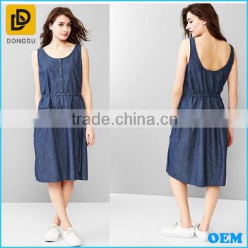2015 fashion Hot Blue O-Neck Sleeveless Elastic Denim Dress plus size jean dresses with belt