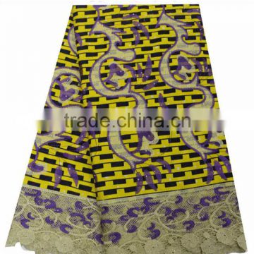 yellow color wax hollandais african wax print fabric with embroidery guipure lace