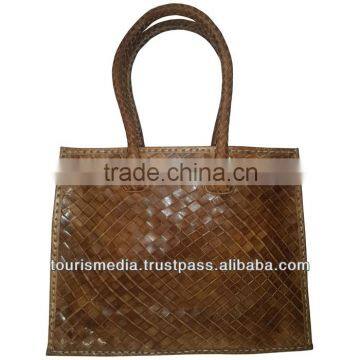 Handmade braided leather handbag moroccan dark tan leather handbag