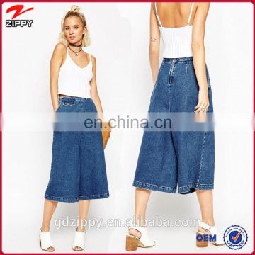 2015 New Fashion Denim Culottes Pants in Mid Blue Wash for Women