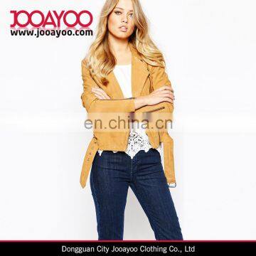 Women Trench Jacket Faux Suede Fringe Winter Biker Jacket with Zipper Details