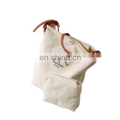 Environment Friendly Portable Cotton Canvas Tote Shopping Bag with Leather Handles