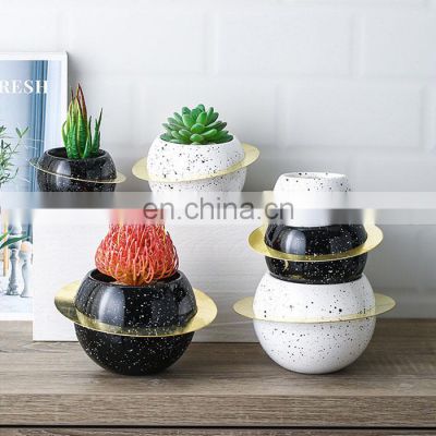 New Arrival European Style Ceramic Circle Flower Plant Pot Garden Home Decoration And Succulent Design Planter With Metal Band