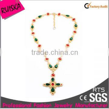 Hot Selling Colorful Glass Diamond Pendant Gold Plating Cross Necklace