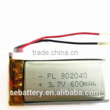 Rechargeable Li-polymer Battery 802040 600mAh 3.7V With PCM for Light