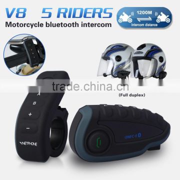 Vnetphone V8 1200m 5 riders Full Duplex Talking Motorcycle Helmet Bluetooth Walkie Talkie with remote control