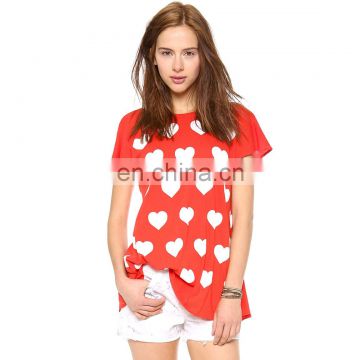 Hearts printed overlapping tipped a deep V back beauty ruffled hem short bat sleeve female T-shirt fashion casual