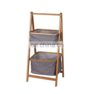 wholesale foldable folding linen woven bamboo 2 tier bathroom clothes storage holders rack laundry basket
