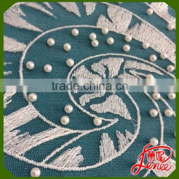 Best Dress Choice Pearl and Beads Design White Mesh Embroidery Fabric