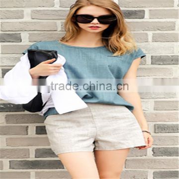 Fashion Round Neck Short Sleeve Linen Casual Women T-shirt Made in China