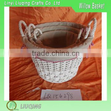 Round White Willow Storage Basket With Cloth Linner And Ear Handles