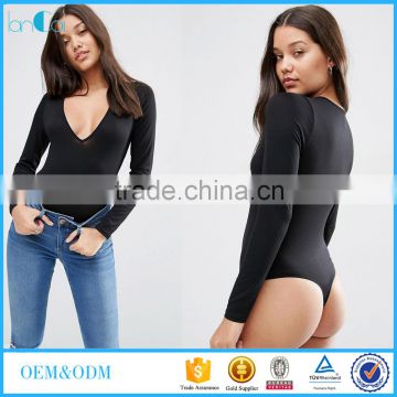 Custom service latest design women clothes spandex long sleeve v neck bodysuit