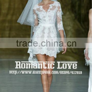 R13609 2013 Barcelona summer show above knee short V-neck long sleeve lace wedding dress