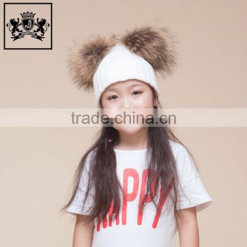 Make-To-Order Cute Winter Hats Natural Raccoon Fur Pompom Beanie Cap With Ball Top Knitted Crochet Kid Hat